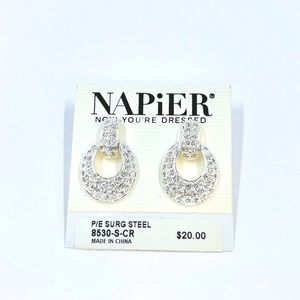 NWT - Napier - Shiny Bright Silver Tone Clear Jeweled Post Earrings